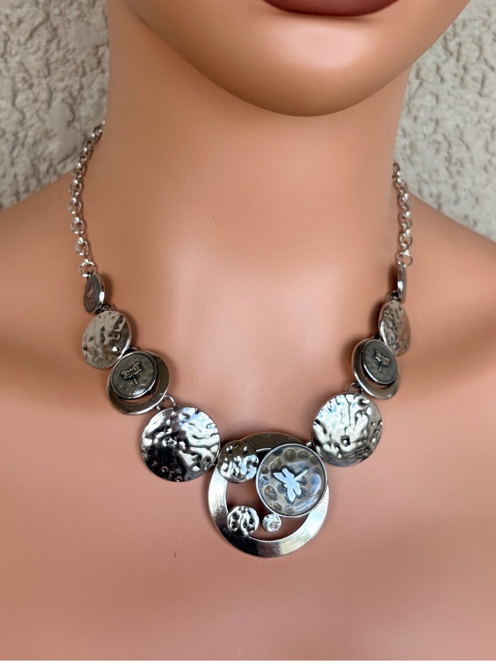 Hammered Silver-Tone Disc Statement Necklace With Dragonfly Accents